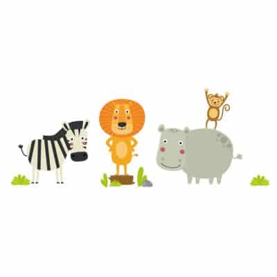 Cute jungle animals wall stickers. The image shows a zebra, a lion, a rhino and a monkey amongst some shallow grass. The sticker is on a white background.