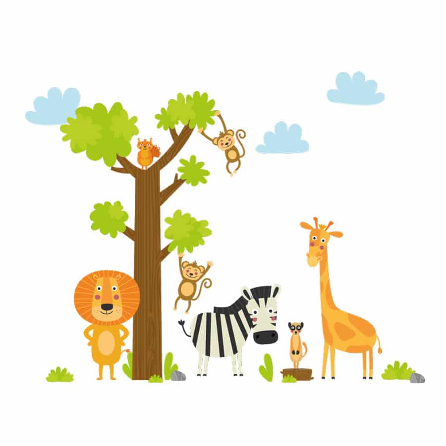 Jungle scene wall sticker pack. Shown in image is a large brown and green tree with two monkeys hanging off the branches and a squirrel at the top. There are also three blue clouds at the top. On the bottom of the sticker there is a lion stood on its back legs, a zebra a giraffe and a meerkat as well as a couple of small grass patches.