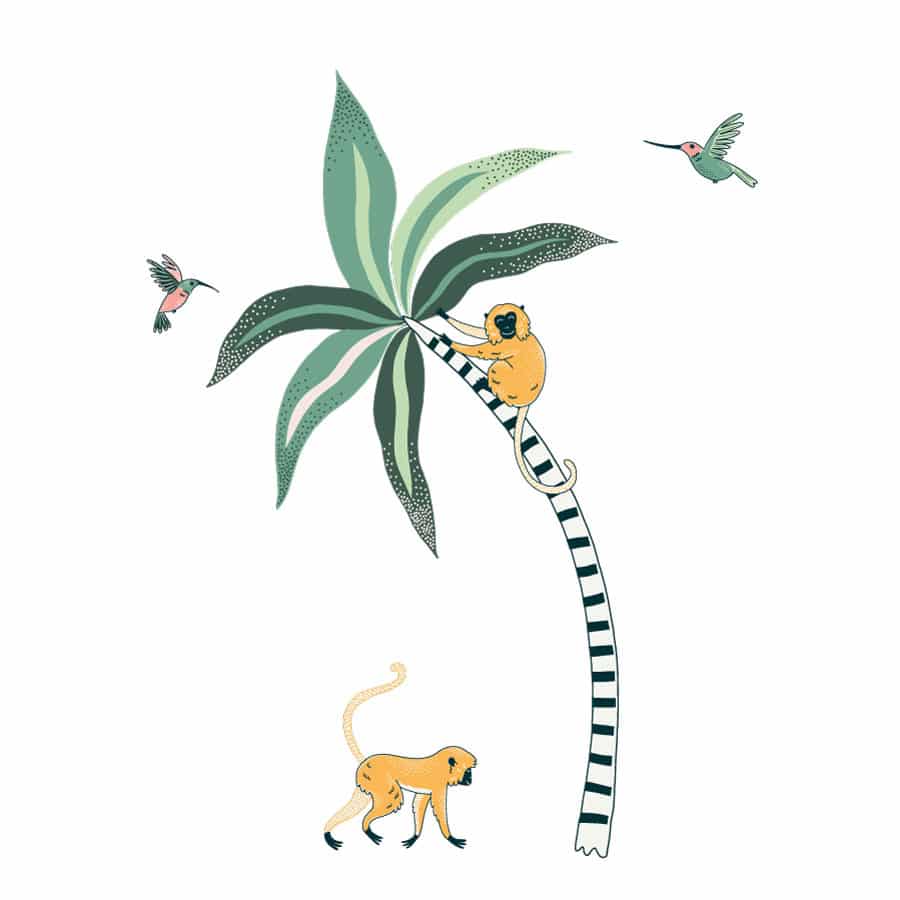 Tropical Palm And Monkeys Wall Stickers. Image displays a large stripy palm tree sticker with green leaves, a yellow monkey on the tree and one walking along the ground, and two pink and green humming birds.