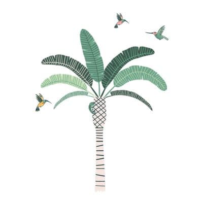 Tropical Palm Tree Wall Sticker Jungle wall sticker. Image showing a stripy palm tree with green leaves and green and pink hummingbirds.