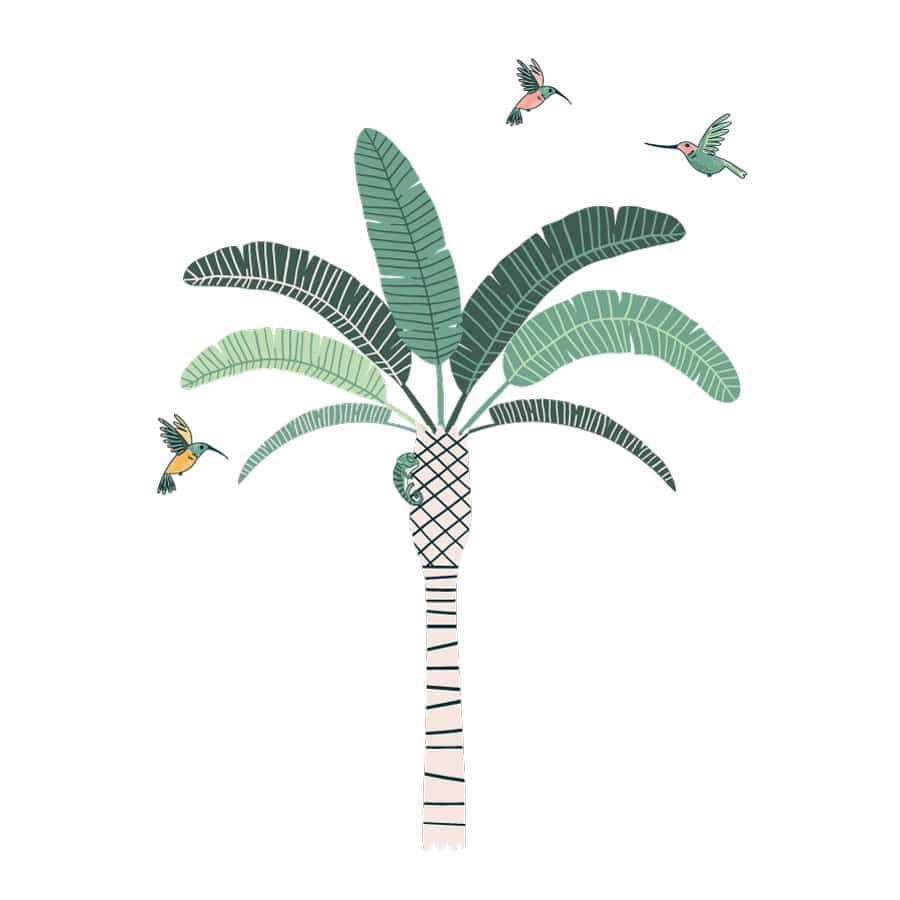Tropical Palm Tree Wall Sticker Jungle wall sticker. Image showing a stripy palm tree with green leaves and green and pink hummingbirds.