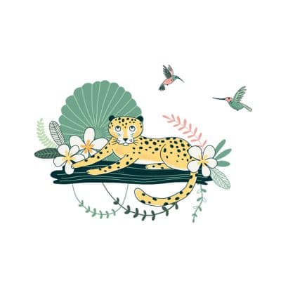 Cheetah and hummingbirds wall sticker pack, jungle wall stickers, safari wall stickers. Featuring a cheetah relaxing on a branch with flowers and green plants around. There is also to pink and green coloured humming birds.