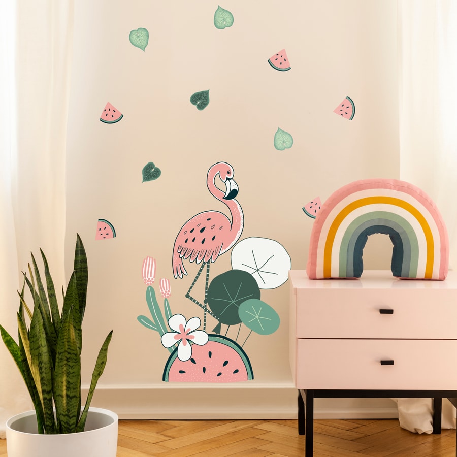 Flamingo and Watermelon jungle wall stickers. Features a pink flamingo standing on a large watermelon with a cactus and other plants around. Smaller pink and green watermelon slice stickers are positioned around.