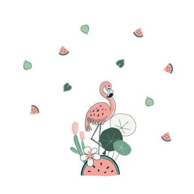 Flamingo and Watermelon jungle wall stickers. Features a pink flamingo standing on a large watermelon with a cactus and other plants around. Smaller pink and green watermelon slice stickers are positioned around.