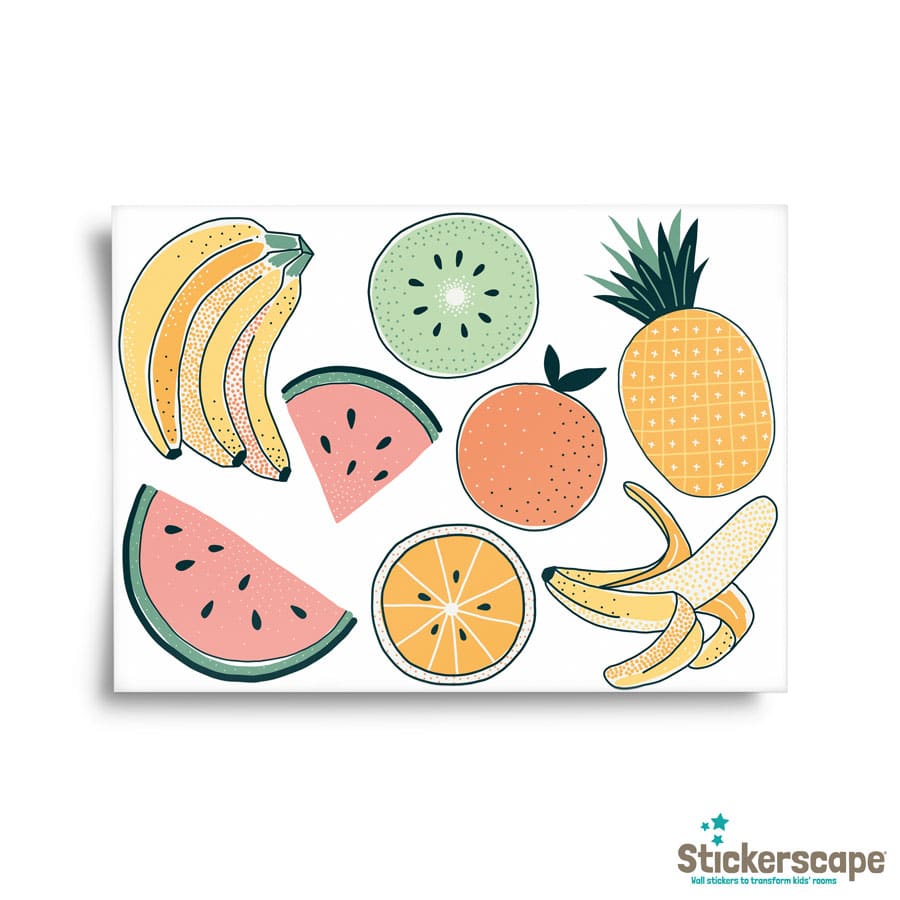 Tropical Fruit wall stickers, jungle wall stickers. Image features the tropical fruit stickers laid out on A4 sheet.
