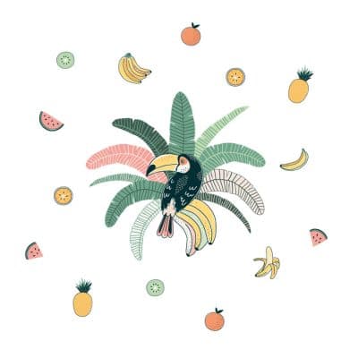 Tropical toucan wall sticker pack, jungle wall sticker. Sticker is of a toucan sat in the centre of green and pink palm leaves. Surrounding the main sticker is colourful fruit, pineapples/bananas/melon/oranges. Sticker is shown on a white background.