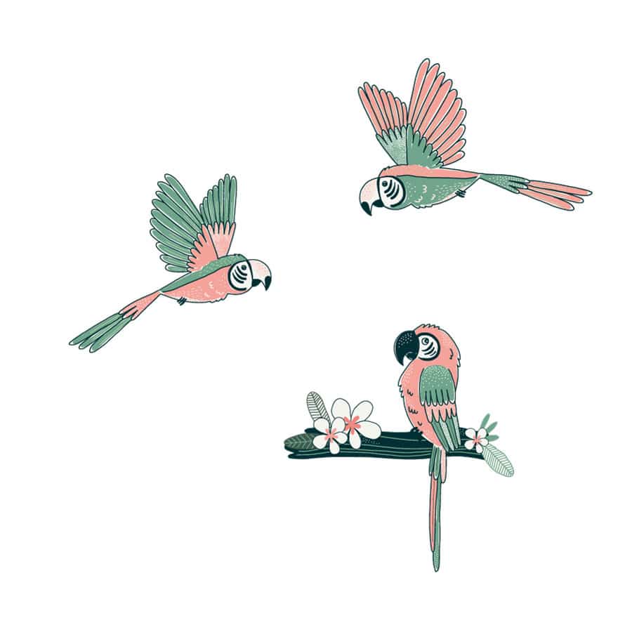 Tropical parrot wall sticker pack, jungle wall stickers. Image shows three pink and mint green parrot stickers, two are flying and one is sat on a dark green branch with a white flower. The stickers have been placed on a white background.