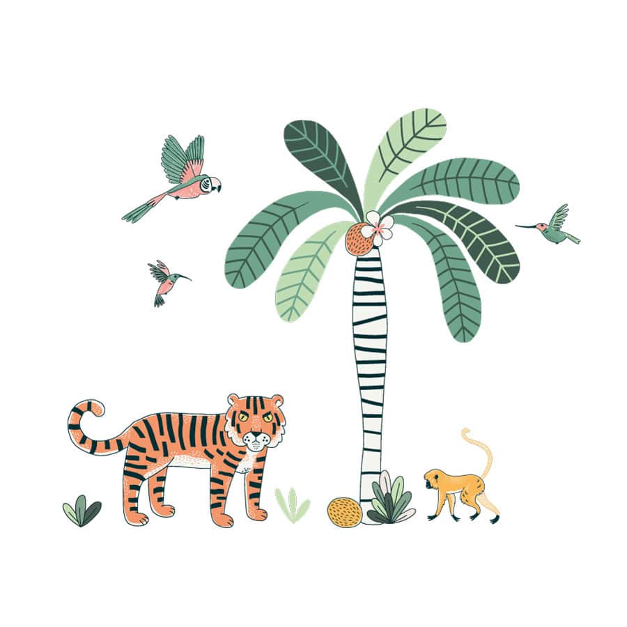 jungle wall sticker pack, jungle wall stickers. Image shows a large striped tree trunk with bright green leaves and coconuts, a tiger, monkey, a parrot and two smaller birds. The sticker has been placed on a white background.