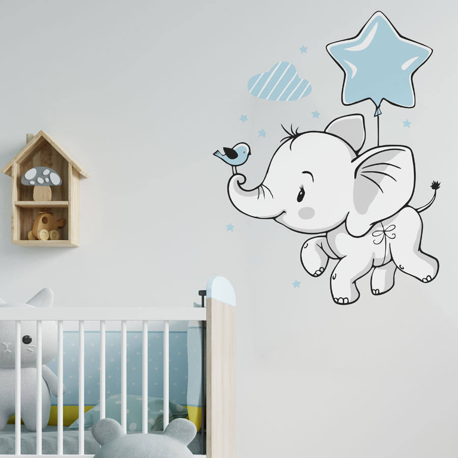 Elephant With Balloon Wall Sticker - Blue