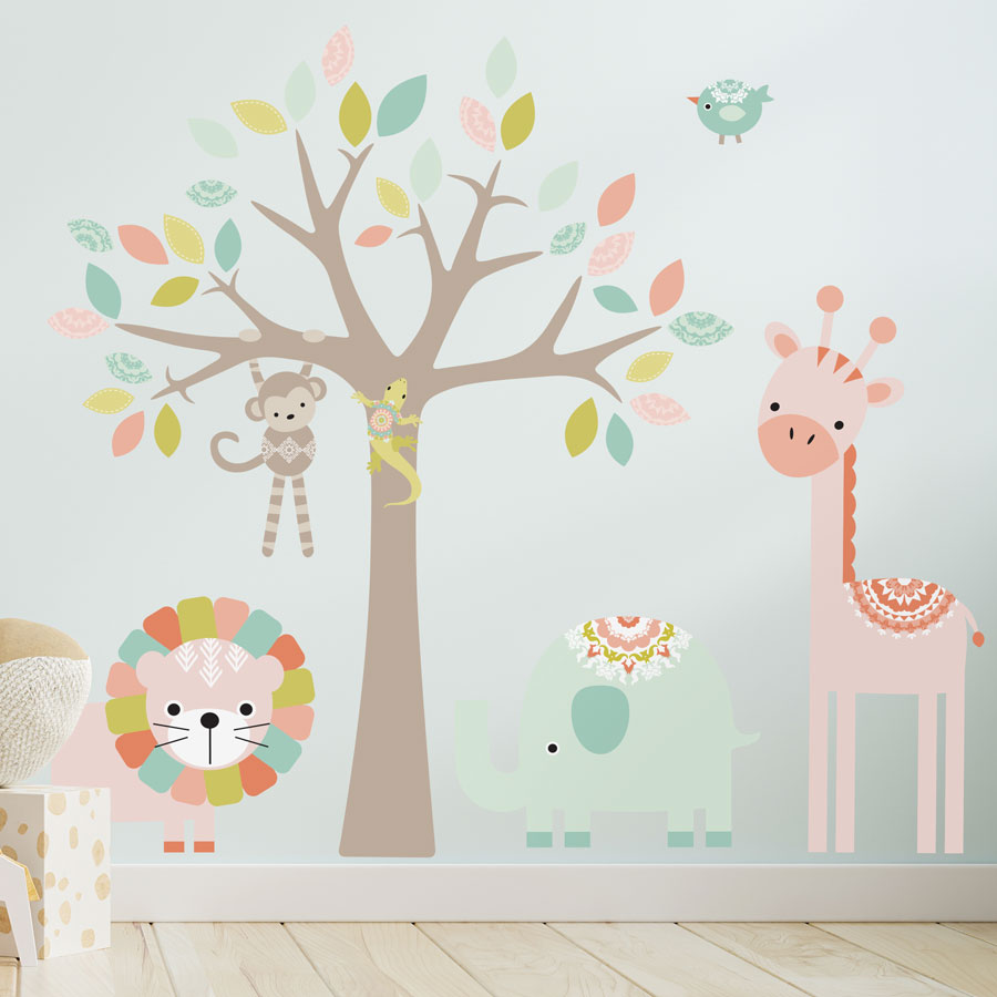 Jungle animals and tree wall sticker pack, jungle wall decal