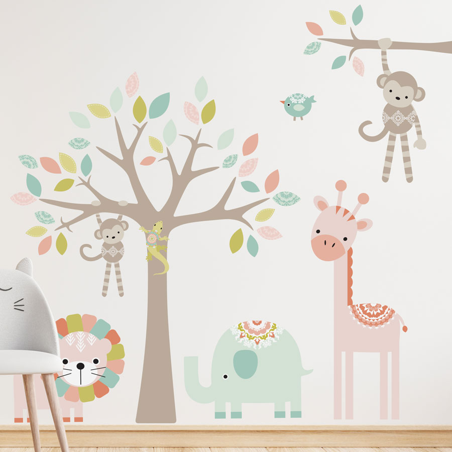Nursery safari wall sticker (Pastel - Tree, animals and monkey (left) bundle)