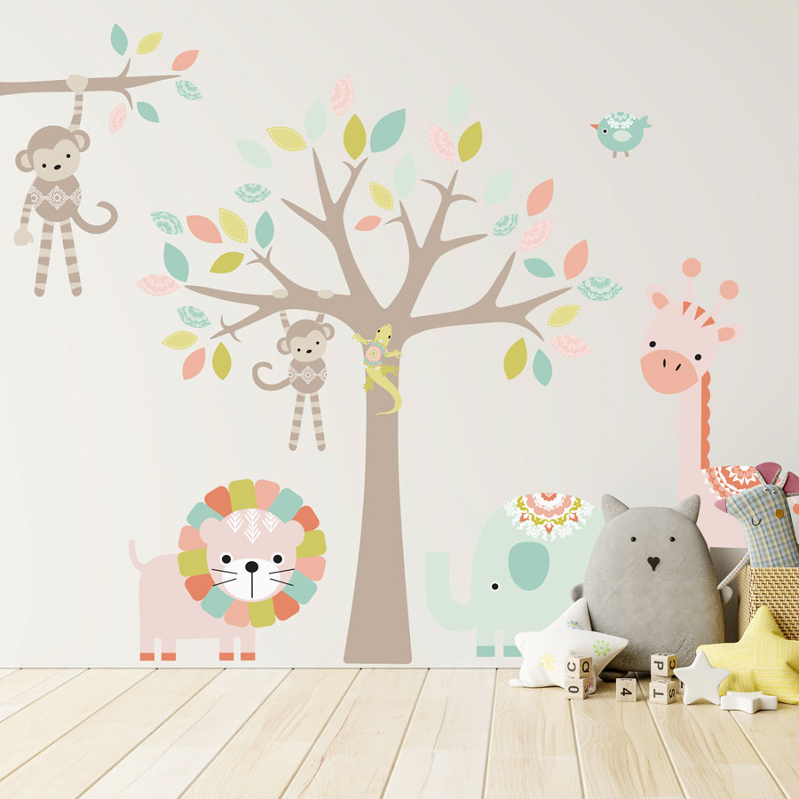 Nursery safari wall sticker (Pastel - Tree, animals and monkey (right) bundle)