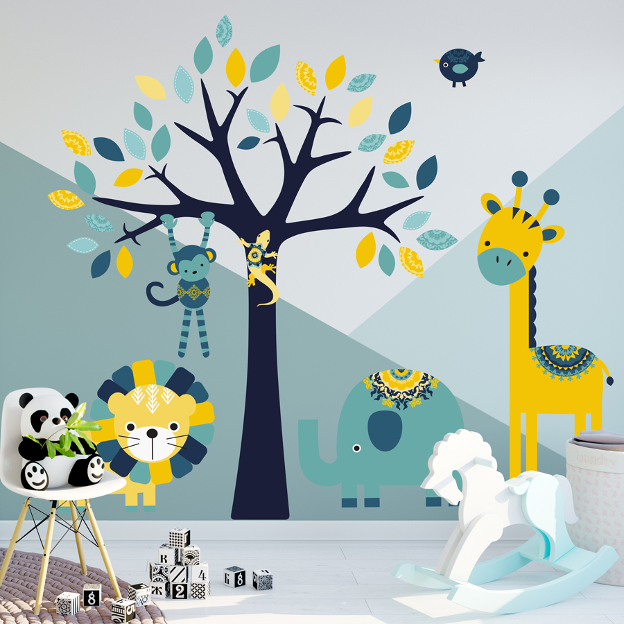 Jungle animals and tree wall sticker pack, jungle wall decal