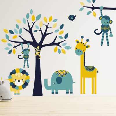 Nursery safari wall sticker (Bold - Tree, animals and monkey left bundle)