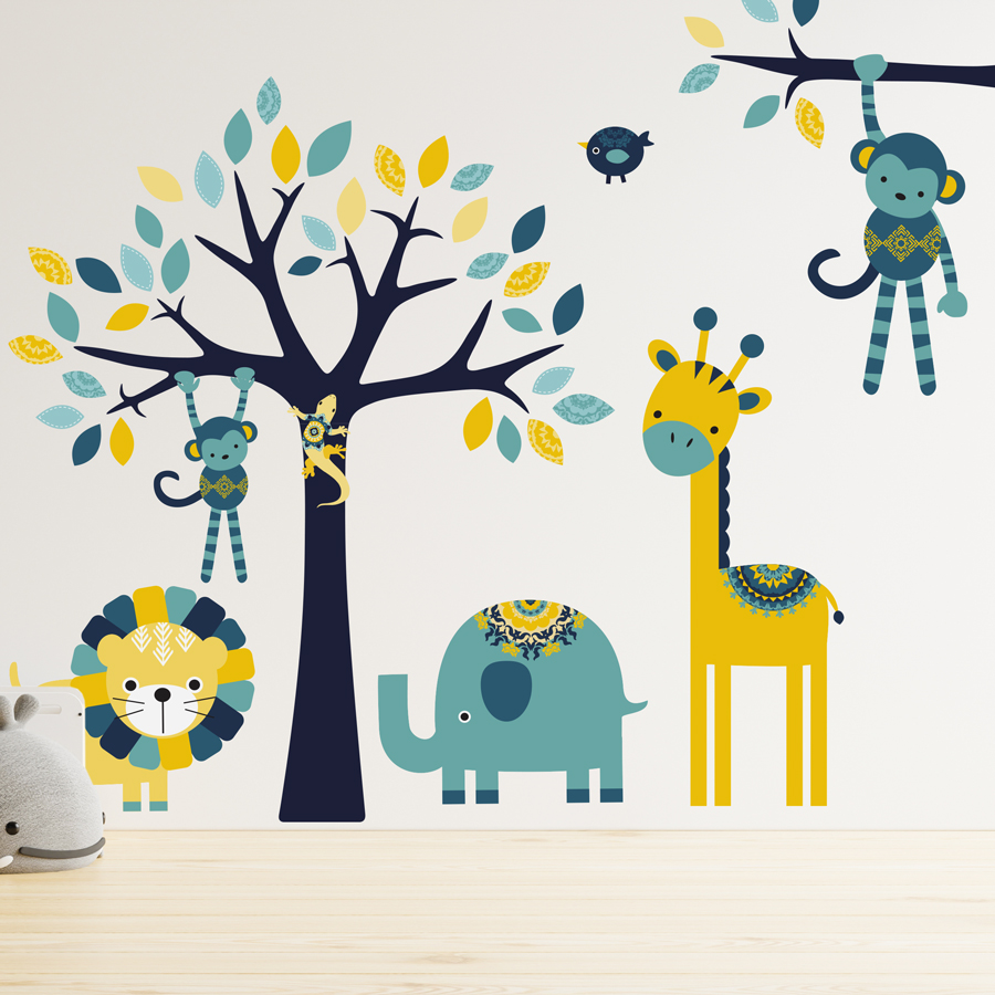 Nursery safari wall sticker (Bold - Tree, animals and monkey left bundle)