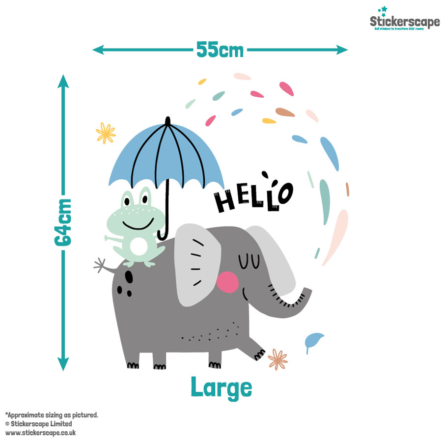 Fun elephant wall sticker large on a white background showing the size of the sticker 64cm x 55cm.