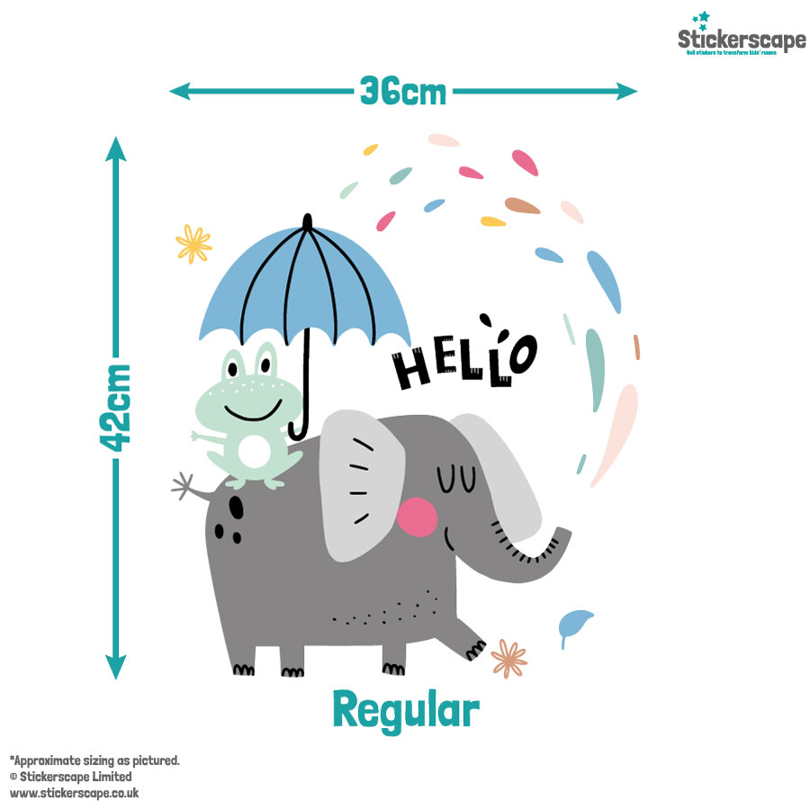 Fun elephant wall sticker regular on a white background showing the size of the sticker 42cm x 36cm.