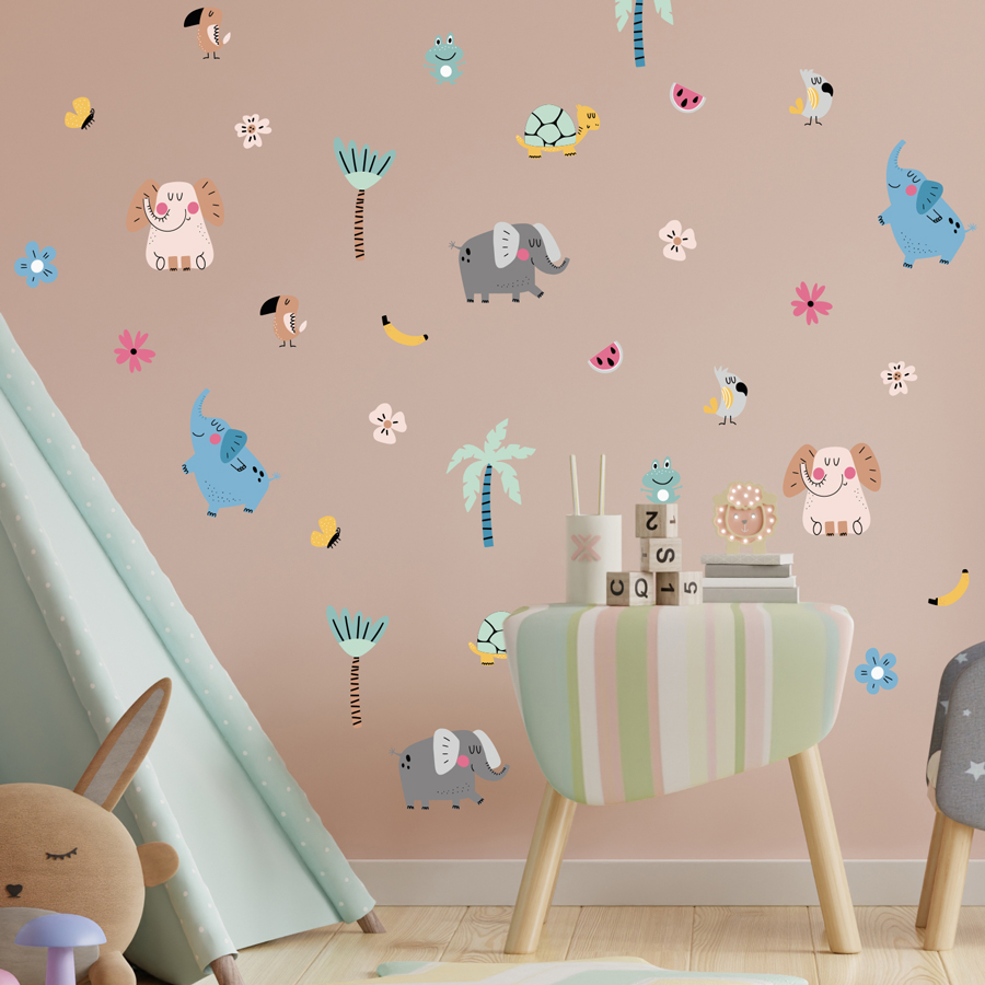 Fun elephant stickaround pack shown on a dusty pink wall behind a teal teepee and small green table