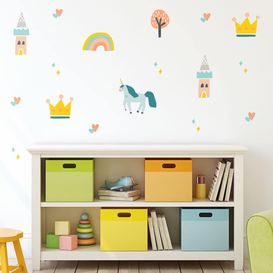 Unicorns and castles wall stickers perfect for creating a contemporary unicorn and princess inspired child's bedroom, nursery or playroom