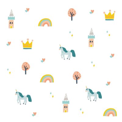 Unicorns and castles wall stickers on a white background
