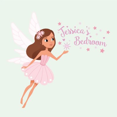 Personalised sparkly fairy wall sticker on a light green background