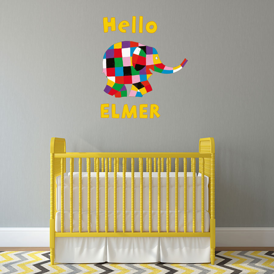 Hello Elmer wall sticker (Regular size) perfect for creating an Elmer theme in your child's bedroom, playroom or nursery