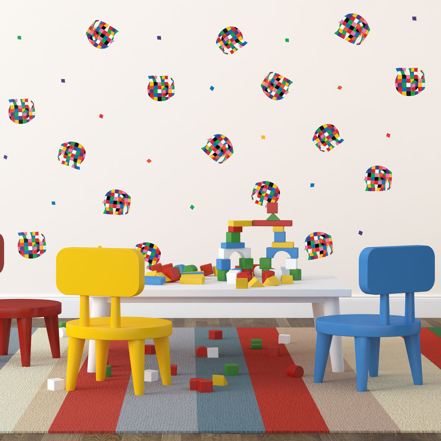 Elmer colourful stickaround pack is a great way to add a contemporary Elmer theme to your child's room by simply dotting across a plain painted wall