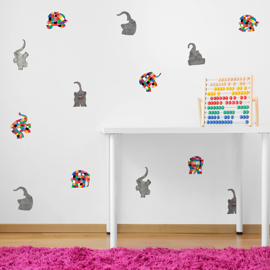 Elmer and elephants stickaround pack is a great way to add a contemporary Elmer theme to your child's room by simply dotting across a plain painted wall