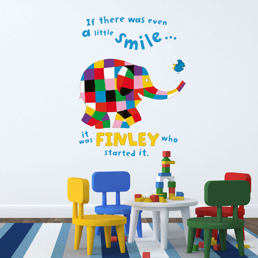 Personalised Elmer little smile wall sticker (Large size) perfect for creating a unique Elmer theme in your child's bedroom, playroom or nursery