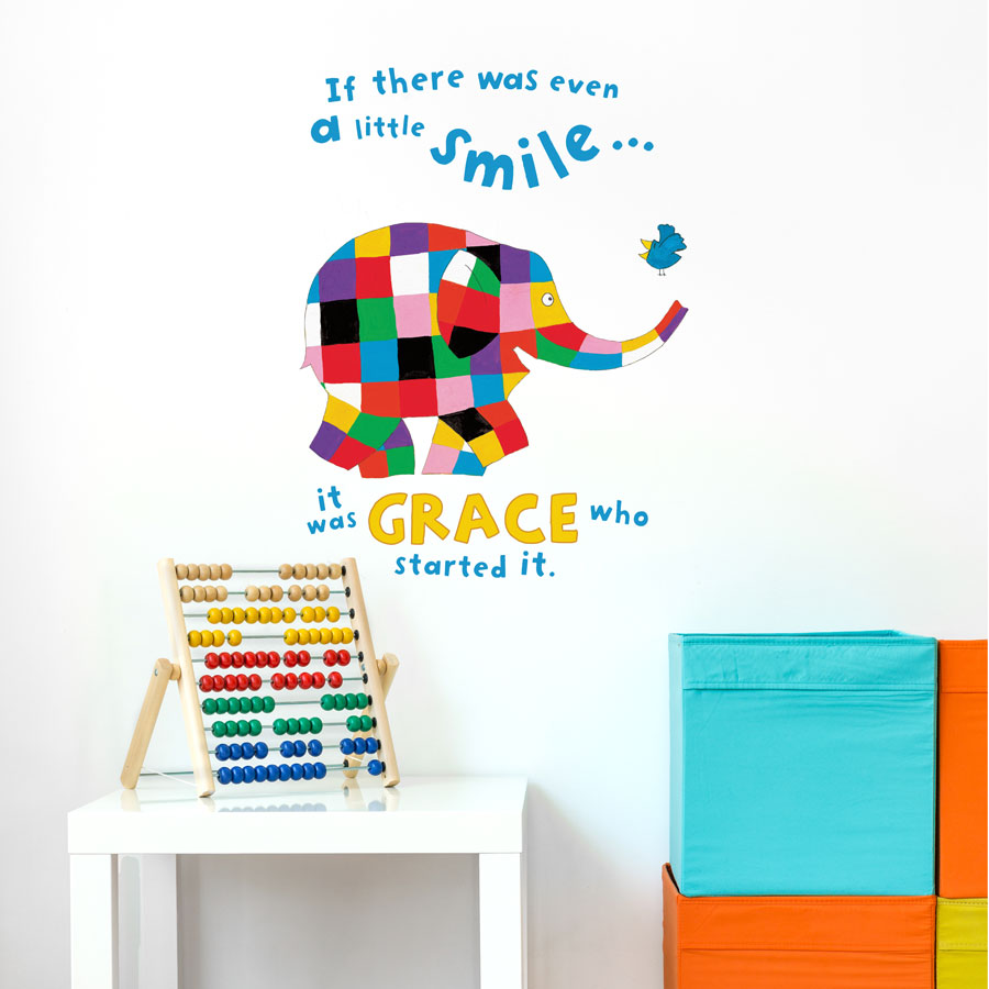 Personalised Elmer little smile wall sticker (Regular size) perfect for creating a unique Elmer theme in your child's bedroom, playroom or nursery