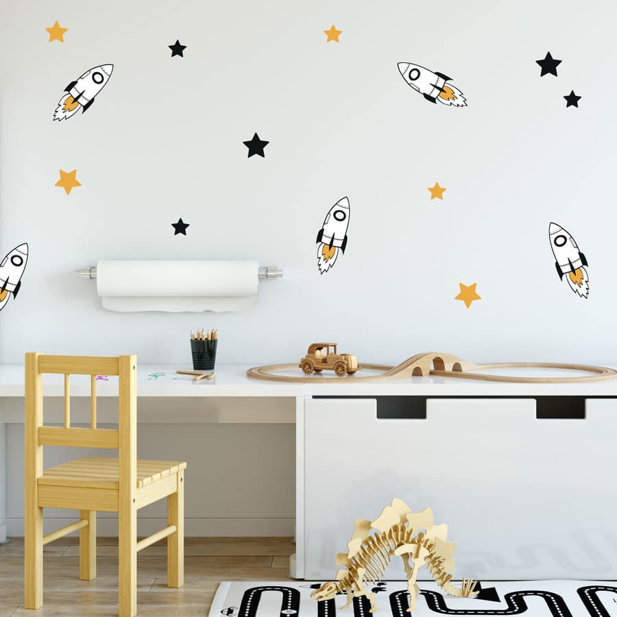 Black and orange rocket wall stickers perfect for decorating your child's bedroom with a contemporary space theme