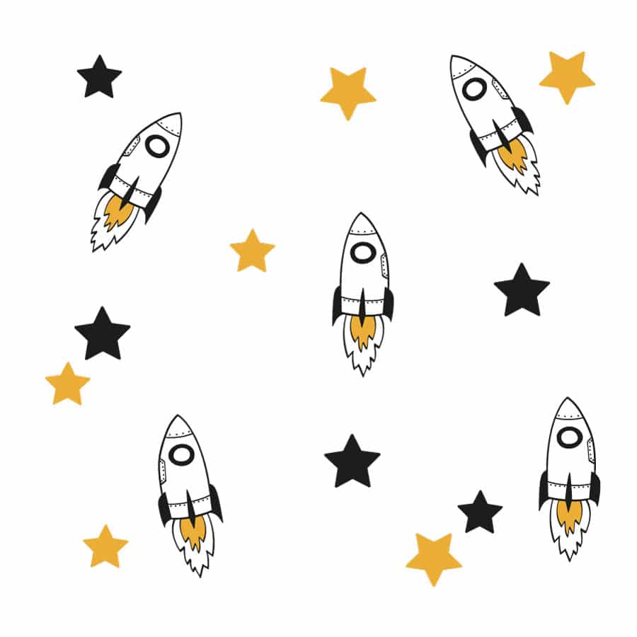 Black and orange rocket wall stickers on a white background