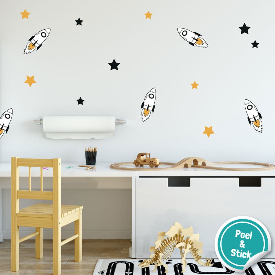 Black and orange rocket wall stickers perfect for decorating your child's bedroom with a contemporary space theme