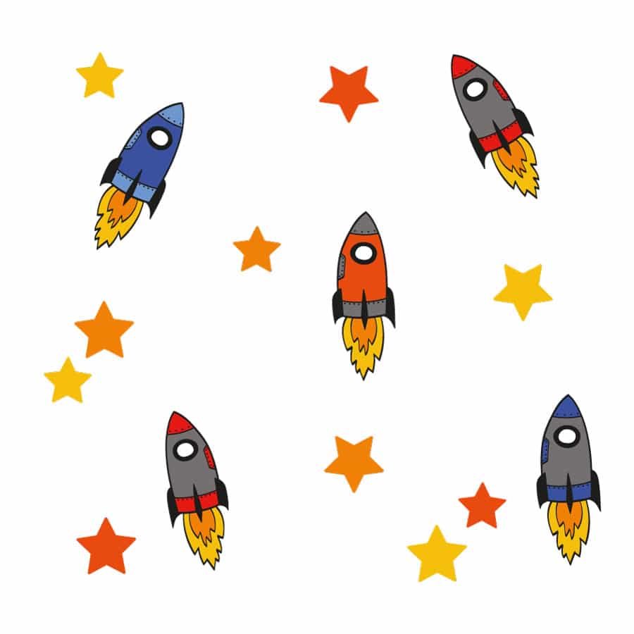 Colourful rocket wall stickers on a white background