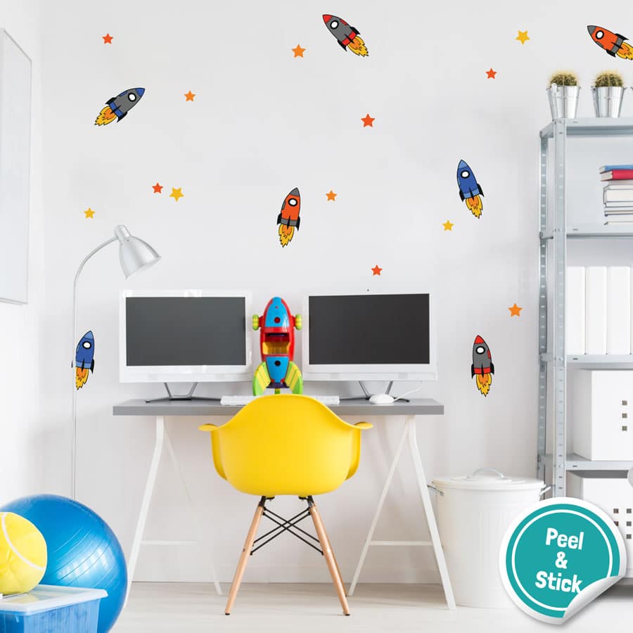 Colourful rocket wall stickers perfect for decorating a child's bedroom with a fun, colourful space theme