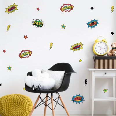 Comic book wall stickers perfect for decorating your child's bedroom with a retro comic book theme