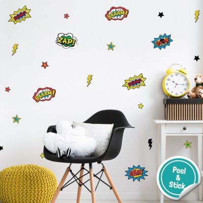 Comic book wall stickers perfect for decorating your child's bedroom with a retro comic book theme