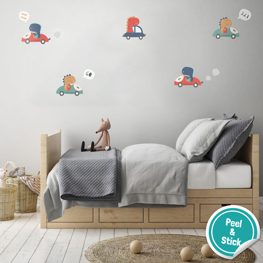 Dino car wall sticker pack is a great fun addition for a dino themed bedroom