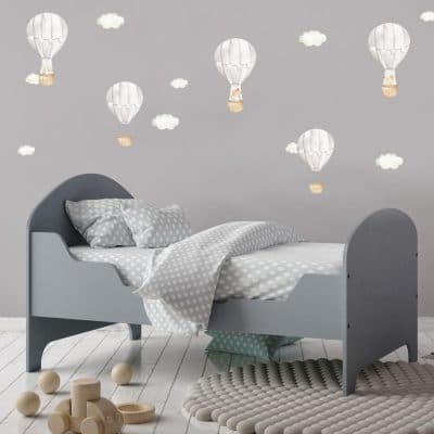 Grey hot air balloon wall stickers perfect for decorating a child's bedroom, nursery or playroom.
