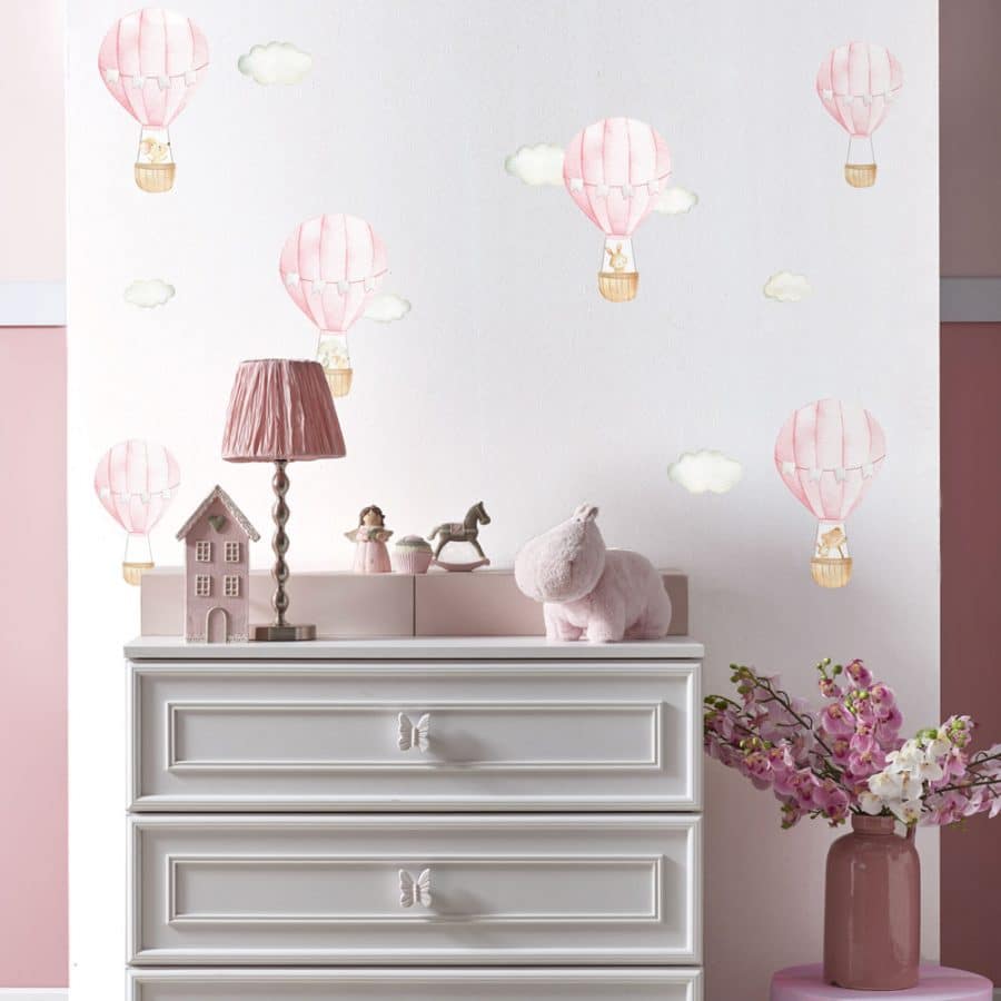 Pink hot air balloon wall stickers perfect for decorating a child's bedroom, nursery or playroom.