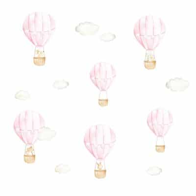 Pink hot air balloon wall stickers on a white background