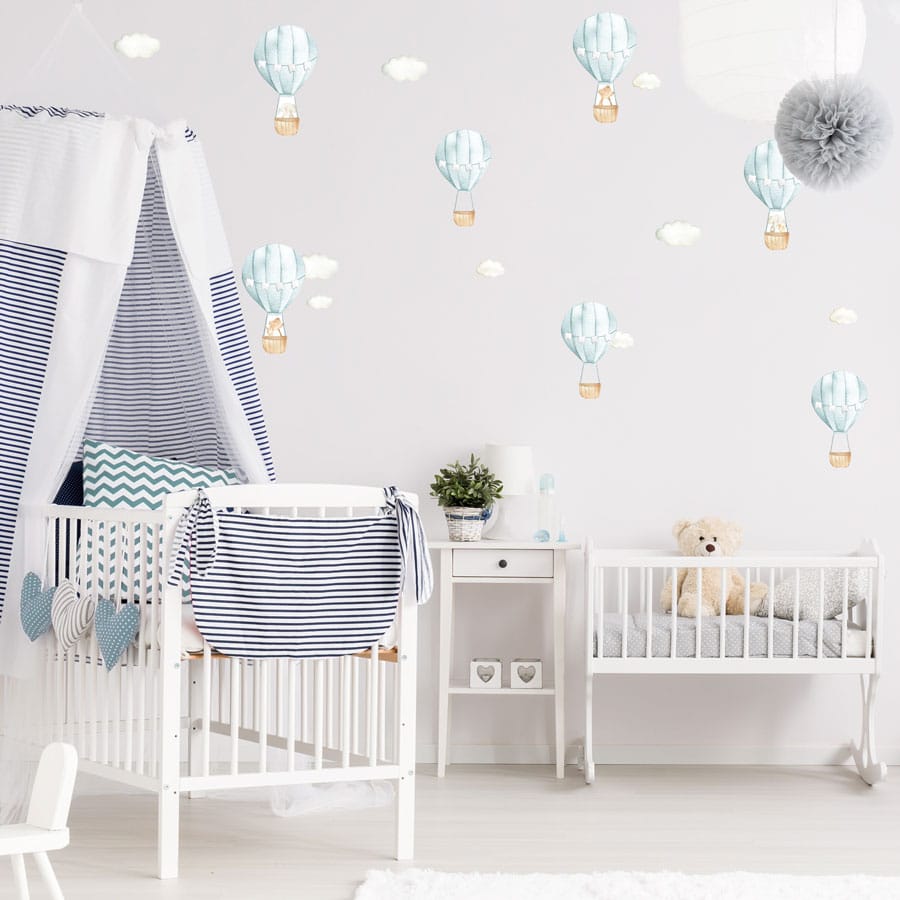 Blue hot air balloon wall stickers perfect for decorating a child's bedroom, nursery or playroom.