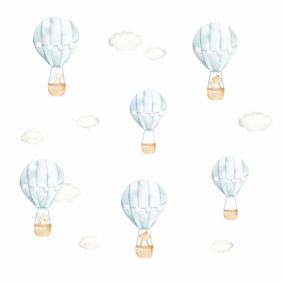 Blue hot air balloon wall stickers on a white background