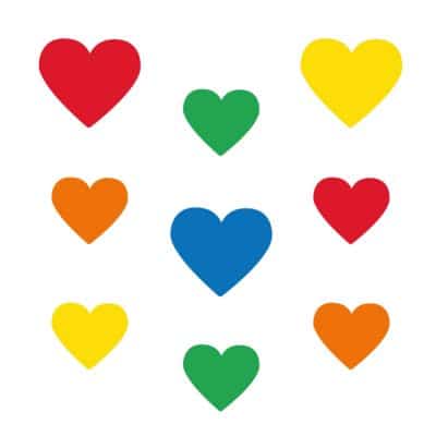 Bright rainbow hearts wall stickers on a white background