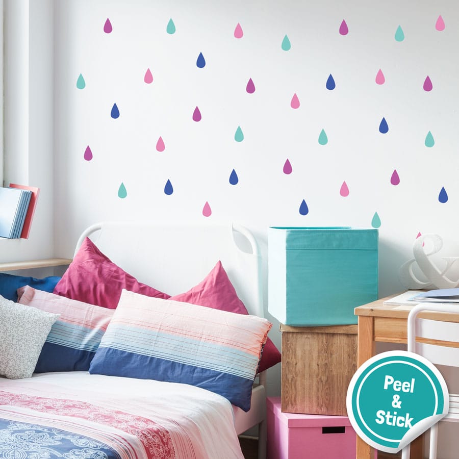 Colourful raindrop wall stickers (Option 2) perfect for decorating a child's bedroom simply peel and stick