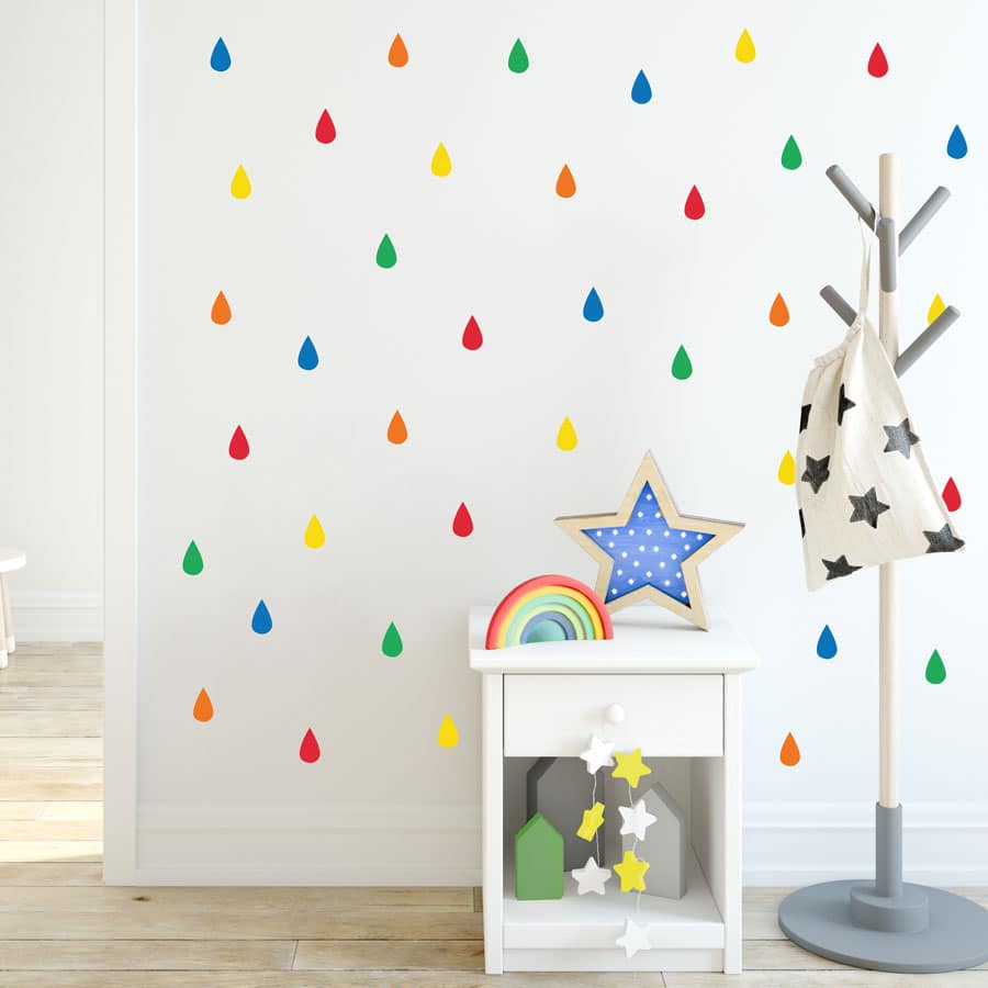 Colourful raindrop wall stickers (Option 4) perfect for decorating a child's bedroom simply peel and stick
