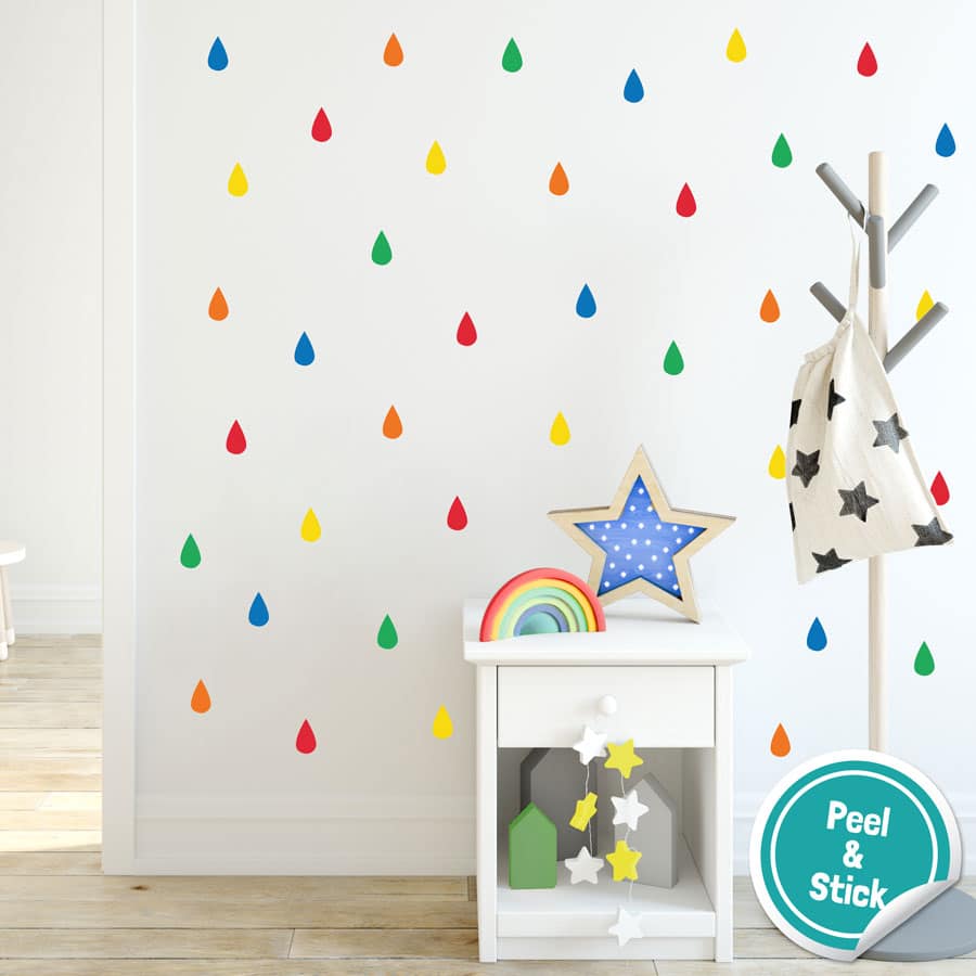 Colourful raindrop wall stickers (Option 4) perfect for decorating a child's bedroom simply peel and stick