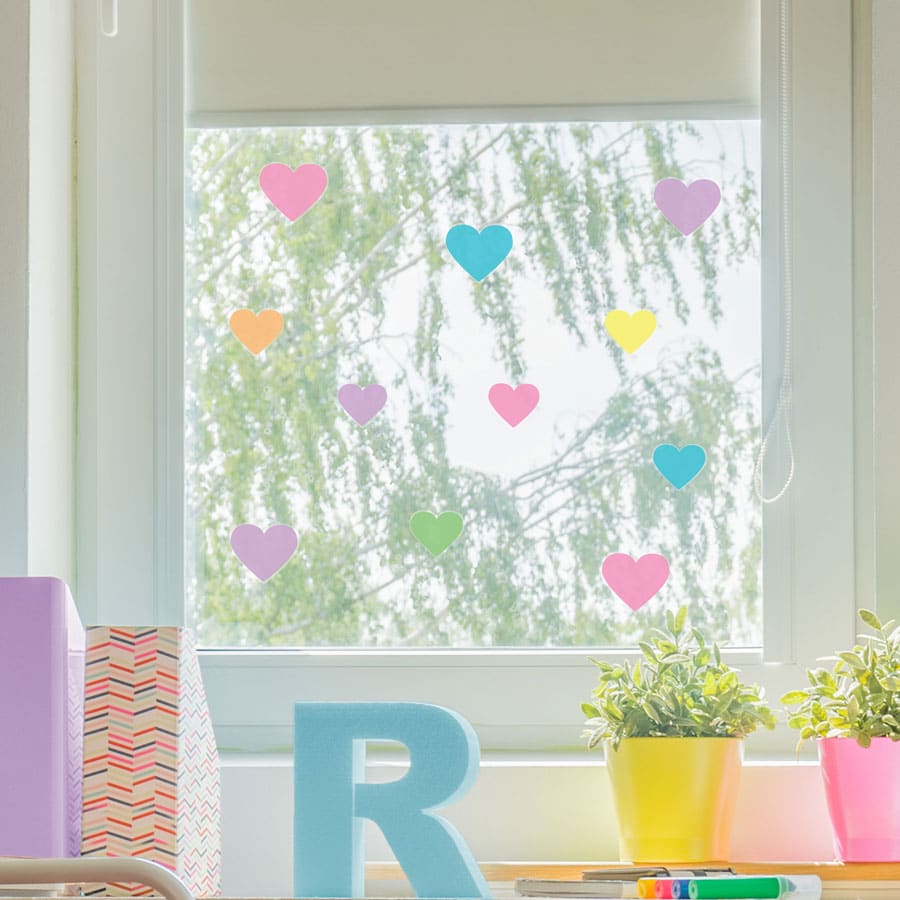 Rainbow heart window stickers quick and easy to apply to decorate your childs room.