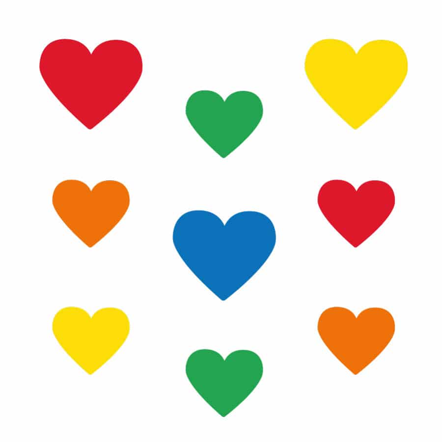 Bright rainbow heart window stickers on a white background