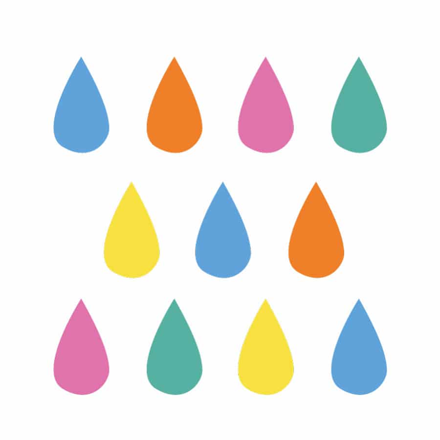 Colourful raindrop window stickers on a white background (Option 1)